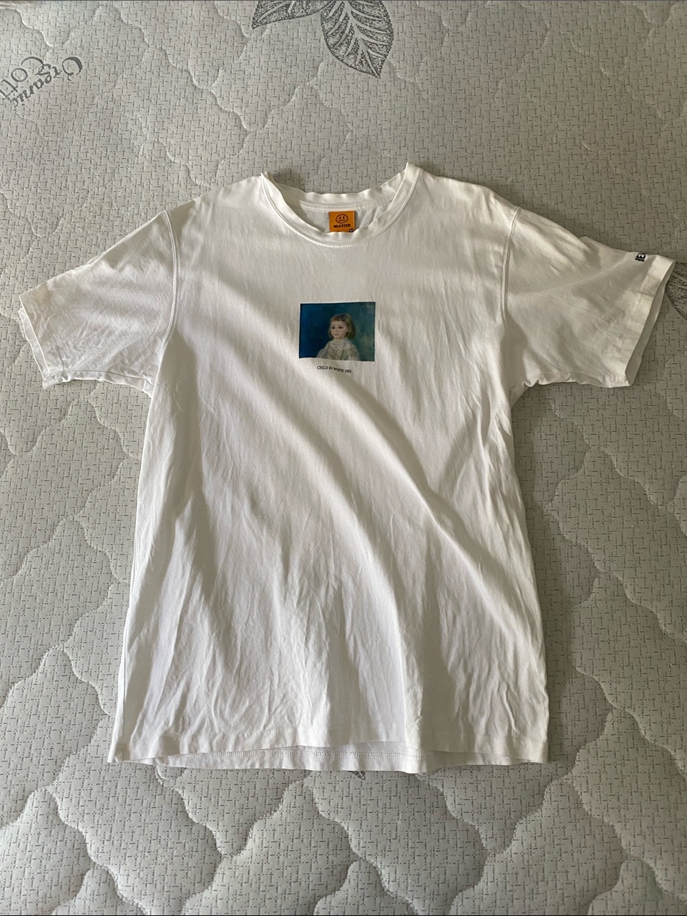 White Graphic Crewneck T-Shirt with Small Portrait Print